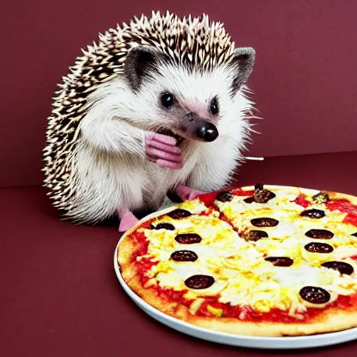 Image similar to still image of a cute hedgehog sitting at a tiny table eating a tiny pizza, photo