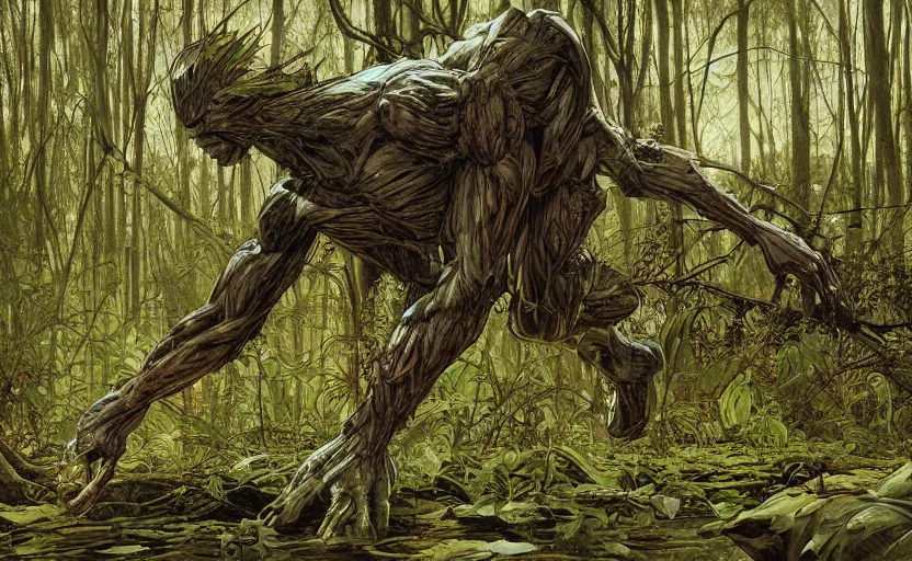 Image similar to digital painting of side view of swampthing walking in ovni crash site on swamp wasteland, extraterrestrial body parts on the floor, forest, moss, elegant artwork by lee bermejo and greg rutkowski and alphonse mucha