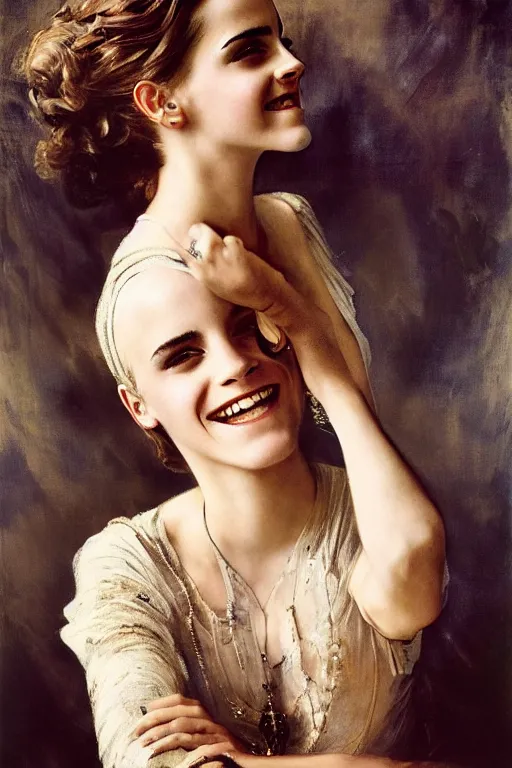 Prompt: emma watson smiling looking up detailed portrait painting by gaston bussiere craig mullins j. c. leyendecker photograph by richard avedon peter lindbergh