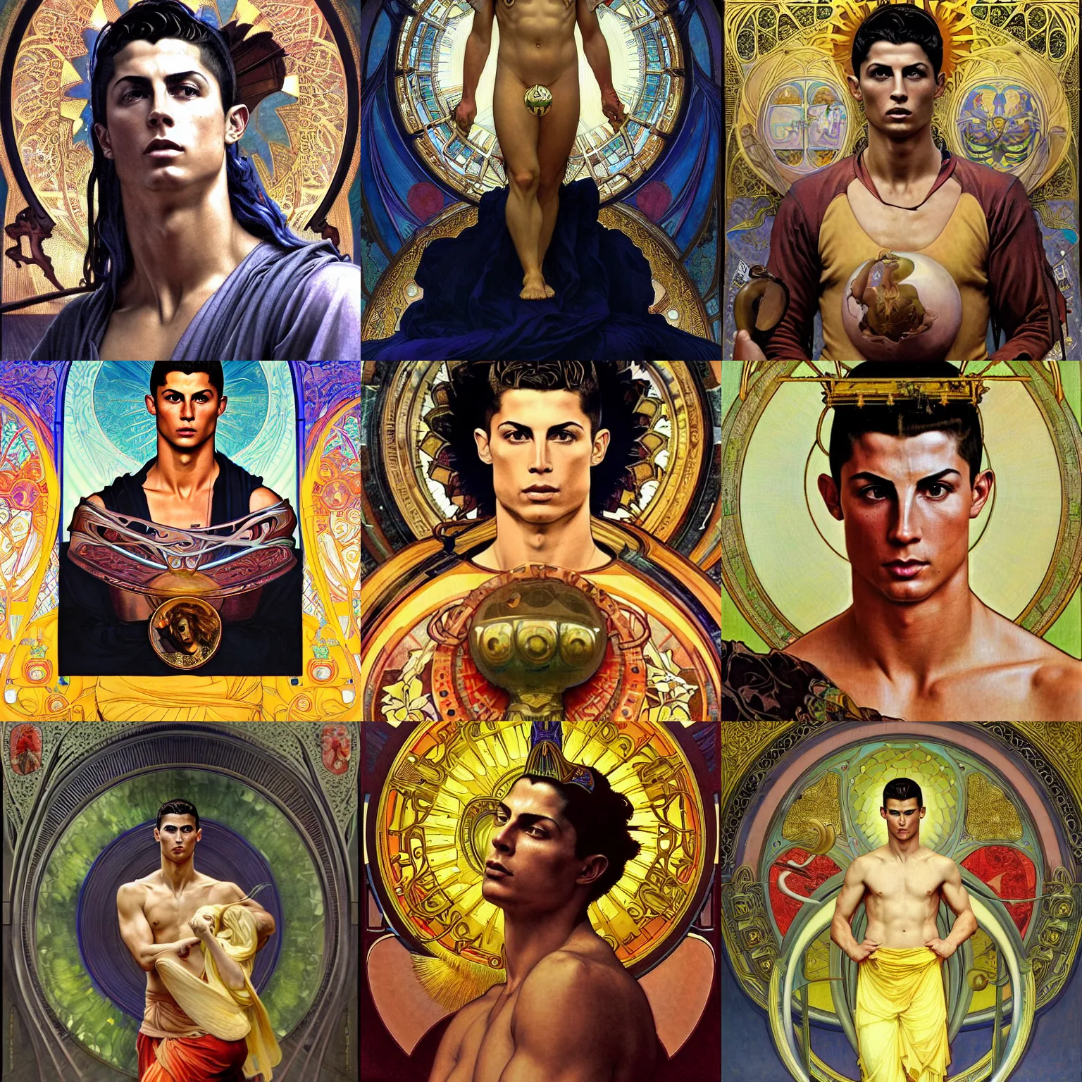 Prompt: is a stunning, breathtaking, awe-inspiring award-winning conceptual Art Nouveau painting with an attractive Cristiano Ronaldo as the sun god, with disturbing, piercing eyes, Alphonse Mucha, Michael Whelan, William Adolphe Bouguereau, John Williams Waterhouse and Donato Giancola, cyberpunk, extremely gloomy lighting, shining light and shadow, atmospheric, cinematic, unreal Engine, 8K