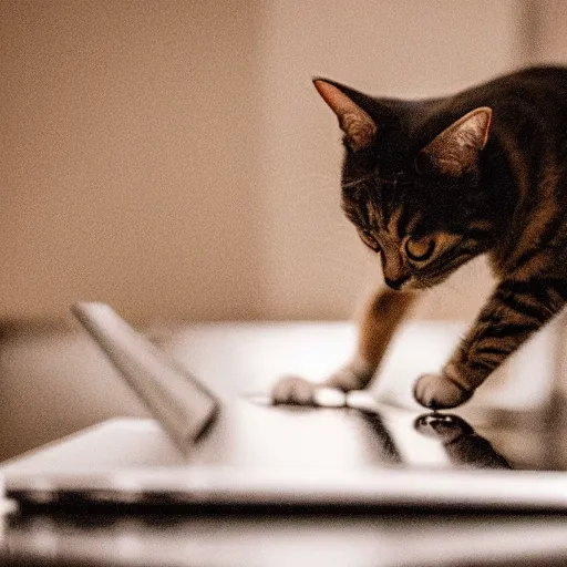 Prompt: a cat punching a cracked laptop screen, dslr photograph