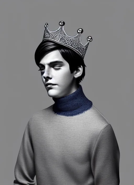 Image similar to portrait of teenage jughead jones wearing a light grey crown, crown, blue turtleneck, 1 9 5 0 s, closed eyes, photorealistic, black hair, glowing lighting, intricate, elegant, glowing lights, highly detailed, digital painting, artstation, concept art, smooth, sharp focus, illustration, art by wlop, mars ravelo and greg rutkowski