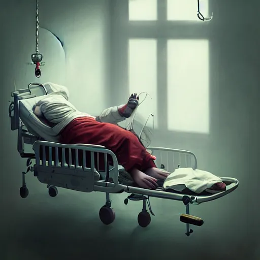Image similar to hysterical and crazy clown lying in hospital bed with wrist restraints on, restraints straps attached to hospital bed siderails, greg rutkowski, photograph, 8 k