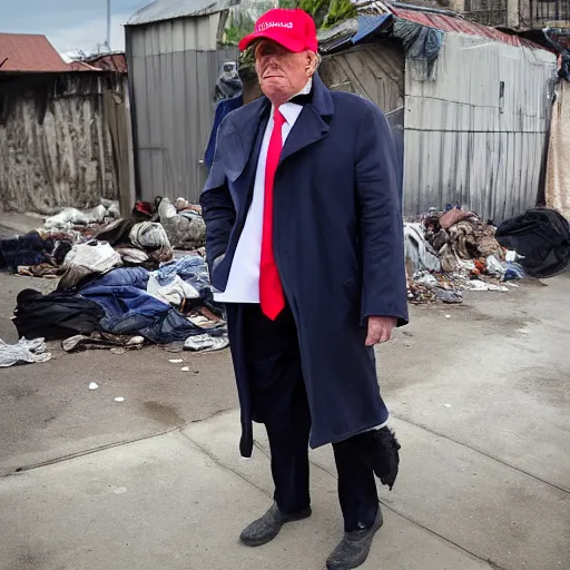 Image similar to donald trump dressed as a homeless man living in the slums