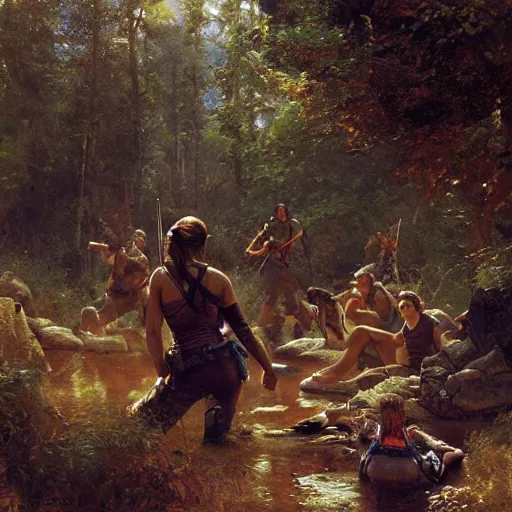 Prompt: lara croft, finds a camp full of humans, highly detailed painting by gaston bussiere, craig mullins, 8 k