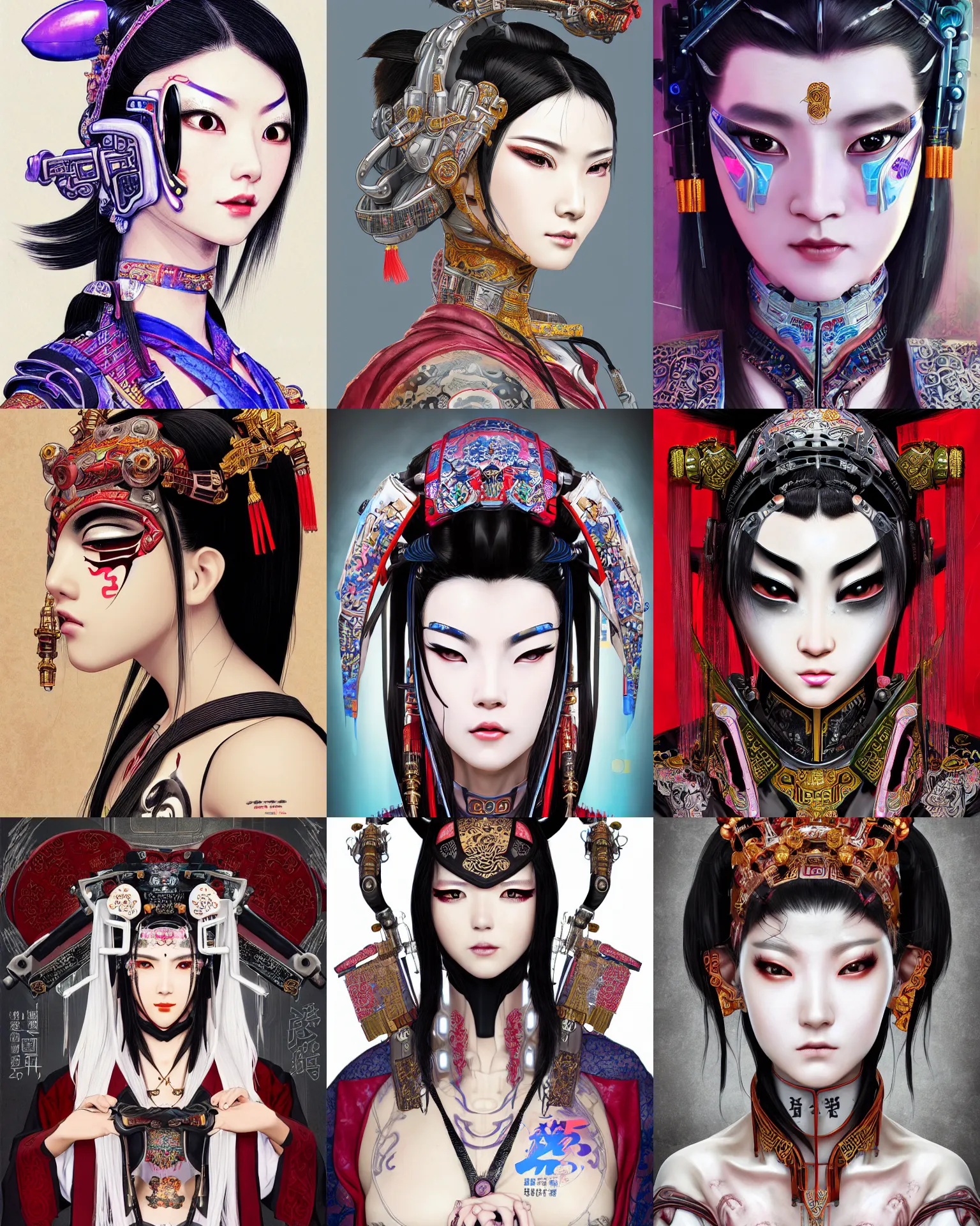 Prompt: upper half portrait of a female with machine head gear cyberpunk face accessories, decorated with chinese opera motifs, cyberpunk, royal, alita, wuxia, hanfu, traditional chinese art intricate intense elegant highly detailed artstation concept art smooth, sharp focus, art by mike nash and artgerm and alphonse mucha and yukito kishiro and vania zouravliov