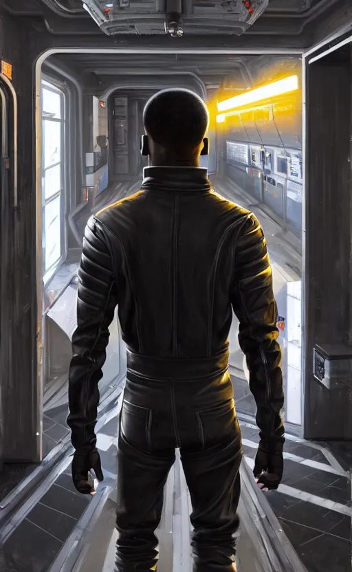 Prompt: hyper - realistic grungy spaceship interior corridor, hyper - detail, an attractive athletic black man wearing a black leather jumpsuit, running, holds a blaster, anime. realistic shaded lighting by ilya kuvshinov giuseppe dangelico pino and michael garmash and rob rey, no signature, 8 k