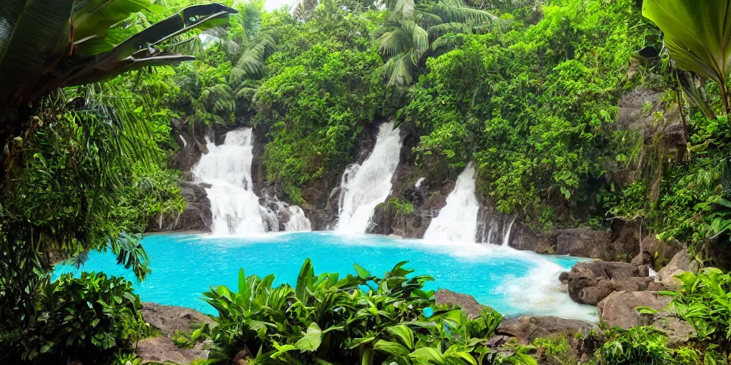 Prompt: of a tropical island with a majestic waterfall flowing into a clear pool of water.