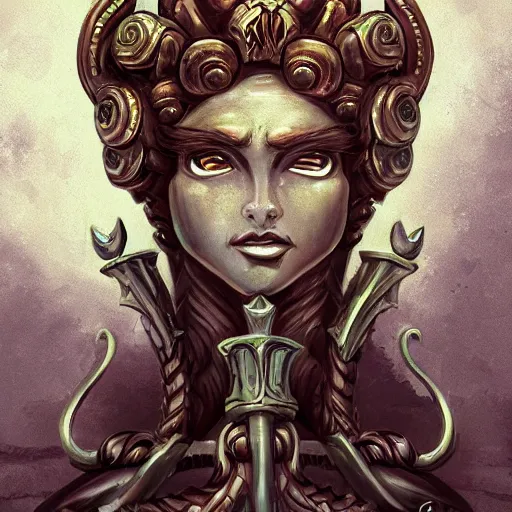 Prompt: a portrait of a torquoise fantasy armored medusa head holding a spear, medusa head, medusa head, medusa head, pillars background with ruined and statues, fantasy game art, fantasy rpg, league of legends