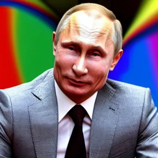 Prompt: Vladimir Putin wearing a rainbow suit surrounded by gay pride flags