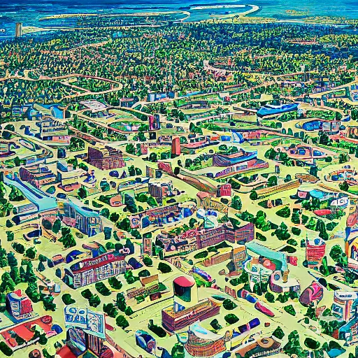 Prompt: areal view of springfield in style of simpsons