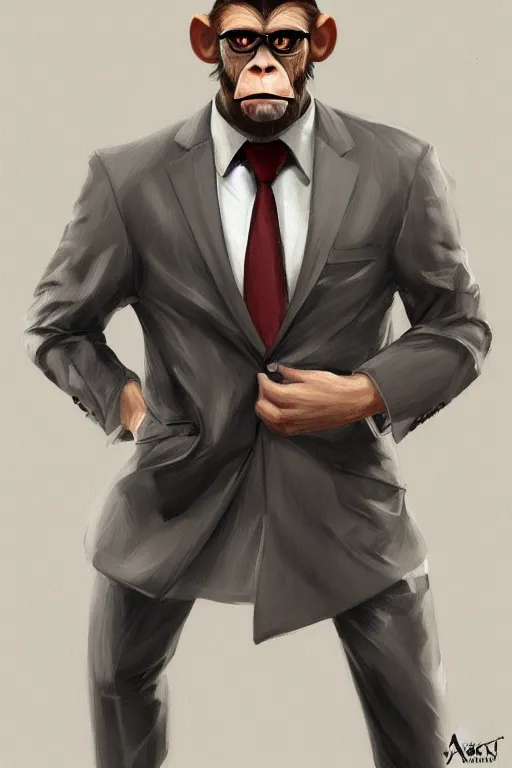 Image similar to portrait of a professional monkey!!!!!!! in a suit, studio lighting, 3 / 4 view, majestic pose, corporate business, trending on artstation, artgerm, cgsociety