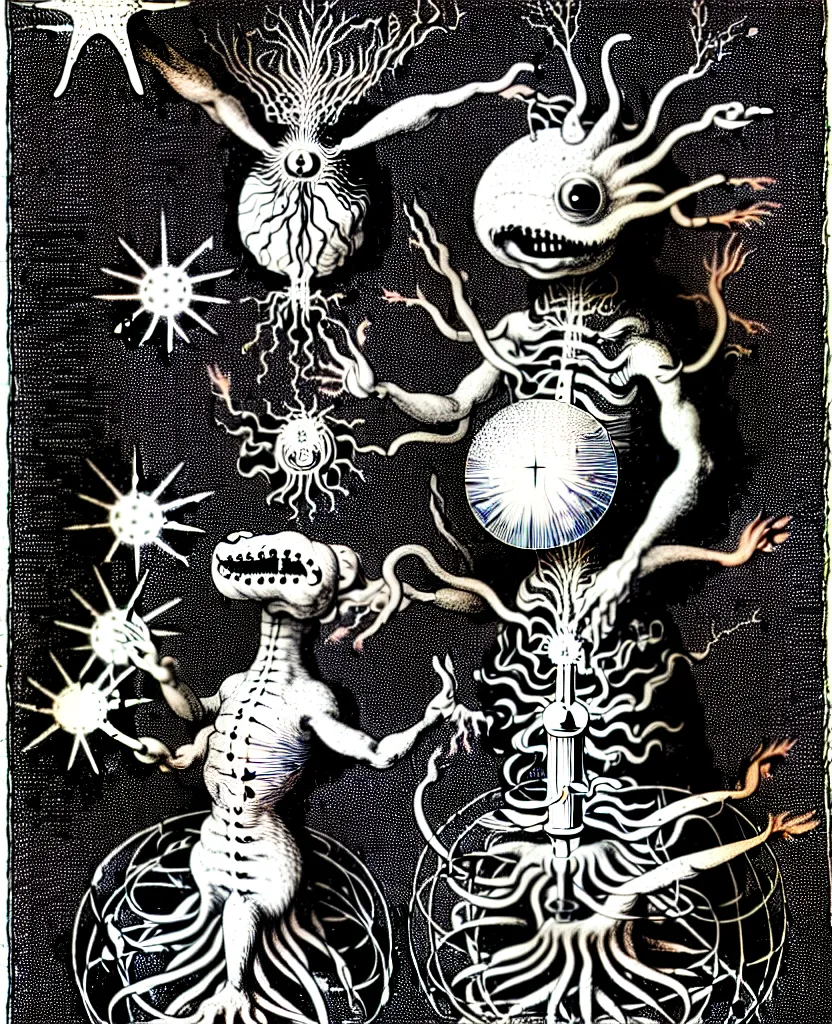 Image similar to whimsical freaky creature sings a unique canto about'as above so below'being ignited by the spirit of haeckel and robert fludd, breakthrough is iminent, glory be to the magic within