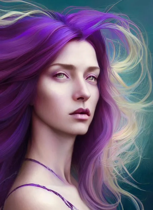 Prompt: Portrait of a woman with bright colored flying hair, all shades of purple. Hair coloring. Hair fluttering in the wind, amber eyes, face, long hair, fantasy, intricate, elegant, highly detailed, digital painting, artstation, concept art, smooth, sharp focus, illustration, art by artgerm and greg rutkowski and alphonse mucha