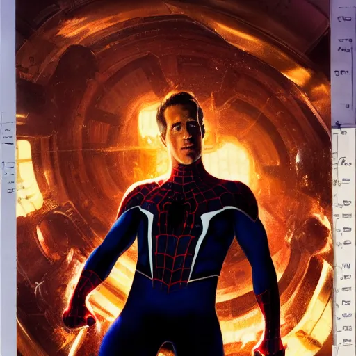 Image similar to ryan reynolds as a black and blue suit spider - man, cinematic, volumetric lighting, f 8 aperture, cinematic eastman 5 3 8 4 film, photorealistic by greg rutkowski, by stanley artgerm, by alphonse mucha