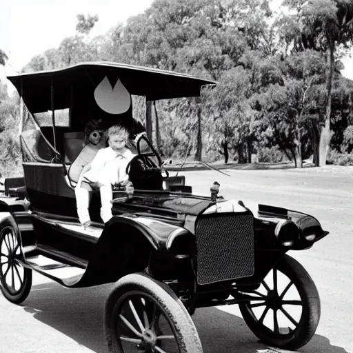 Prompt: a quokka, driving a model t ford, black and white photograph