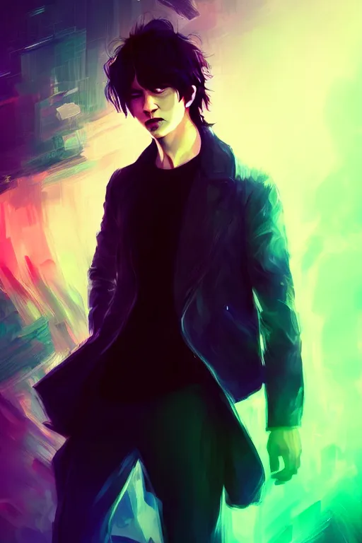 Prompt: a man looks like kamenashi kazuya, blurred environment background, colorful magic effects, white skin, portrait, male, clothed, sharp focus, digital art, concept art, trending on artstation, dynamic lighting, by emylie boivin and rossdraws