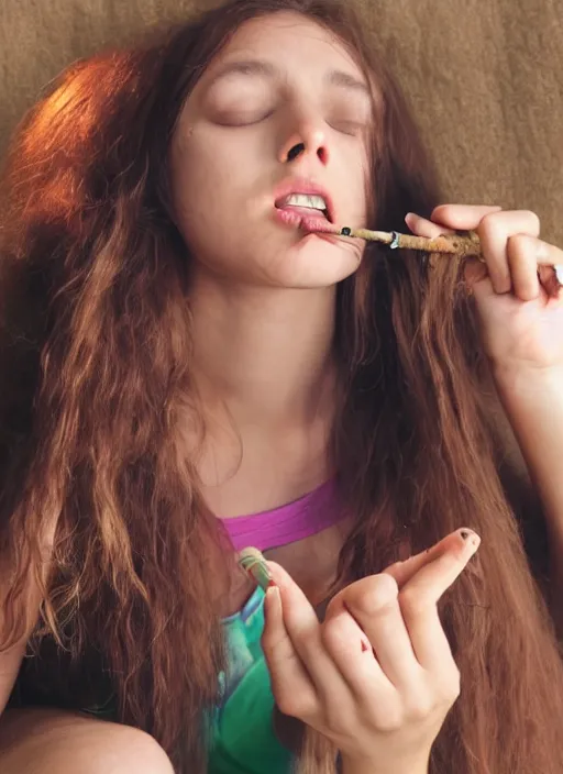 Image similar to stoned, under the influence, young female smoking weed for the first time