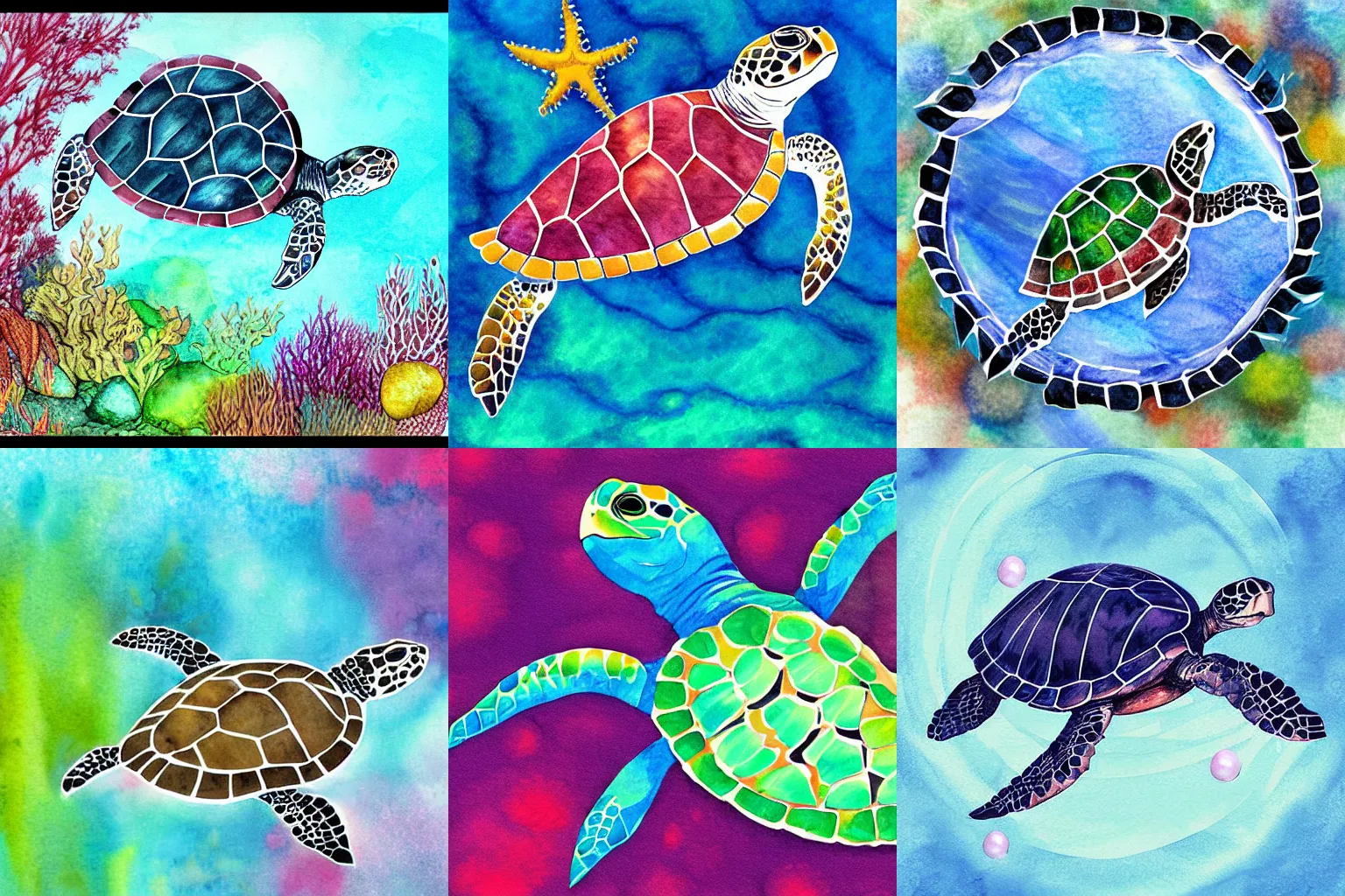 Prompt: sea turtle beneath the ocean waves, water color digital art, bubbles