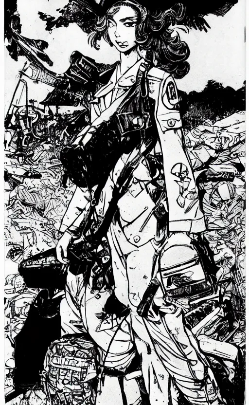 Image similar to manga style, black and white, intricate line art, portrait of a girl, trench and sandbags in background, soldier clothing, short hair, hair down, symmetrical facial features, norman rockwell, tom lovell, alex malveda, jack kirby, greg staples