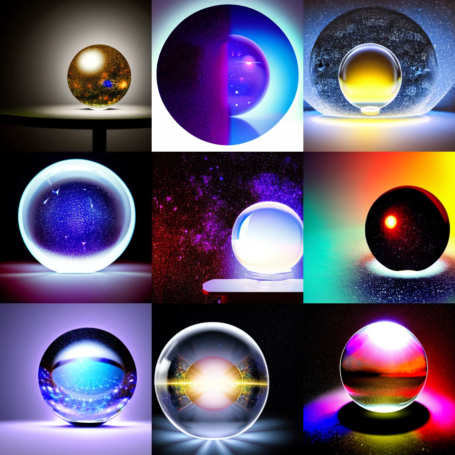 Prompt: studio photo of a growing universe inside a crystal ball, on a table, random volumetric lighting background, studio lighting