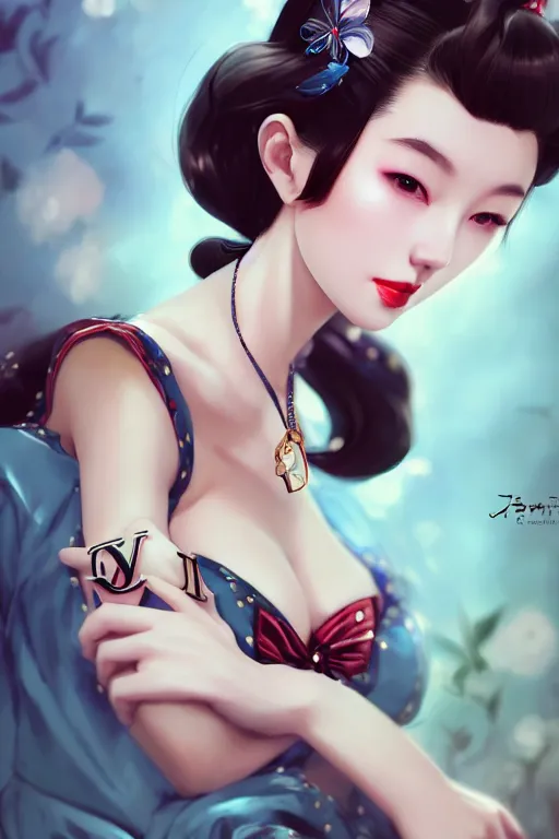 Image similar to a pin up and beautiful fashion charming dreamlke japan girl with lv jewelry, character art, art by artgerm lau and wlop and and ilya kuvshinov and john singer sargent, hyperdetailed, 8 k realistic, symmetrical, frostbite 3 engine, cryengine, dof, trending on artstation, digital art