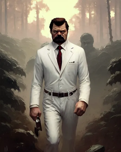 Prompt: gigachad luigi fighting like ron swanson in a white suit, fantasy character portrait, ultra realistic, concept art, intricate details, highly detailed by greg rutkowski, ilya kuvshinov, gaston bussiere, craig mullins, simon bisley