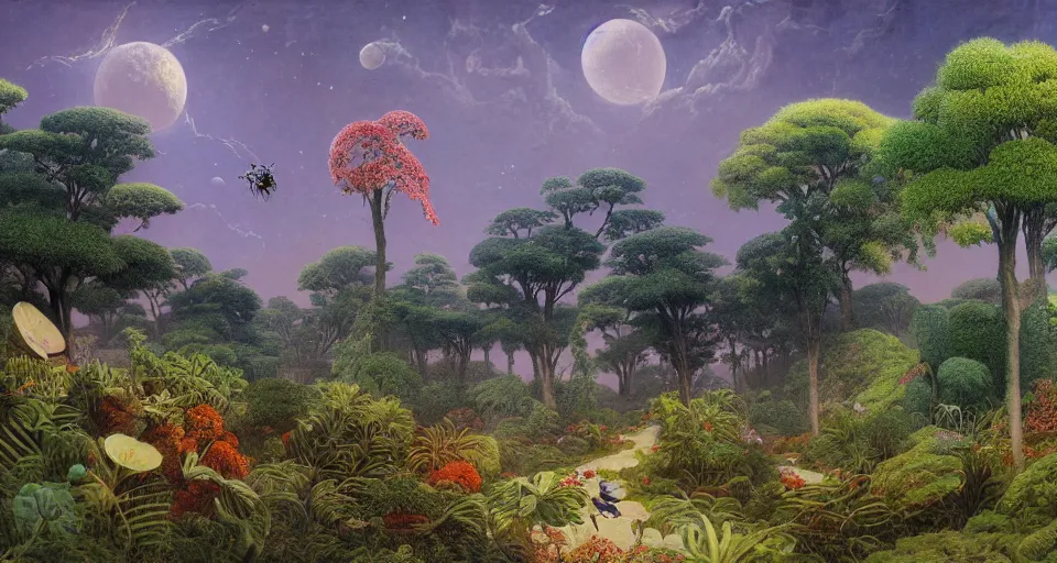 Image similar to a landscape on the moon with many craters, insect aliens, a beautiful flowering garden, a lot of exotic vegetations and trees, intricate detaild, 8 k, in the style of martin johnson heade and daniel merriam and roger dean