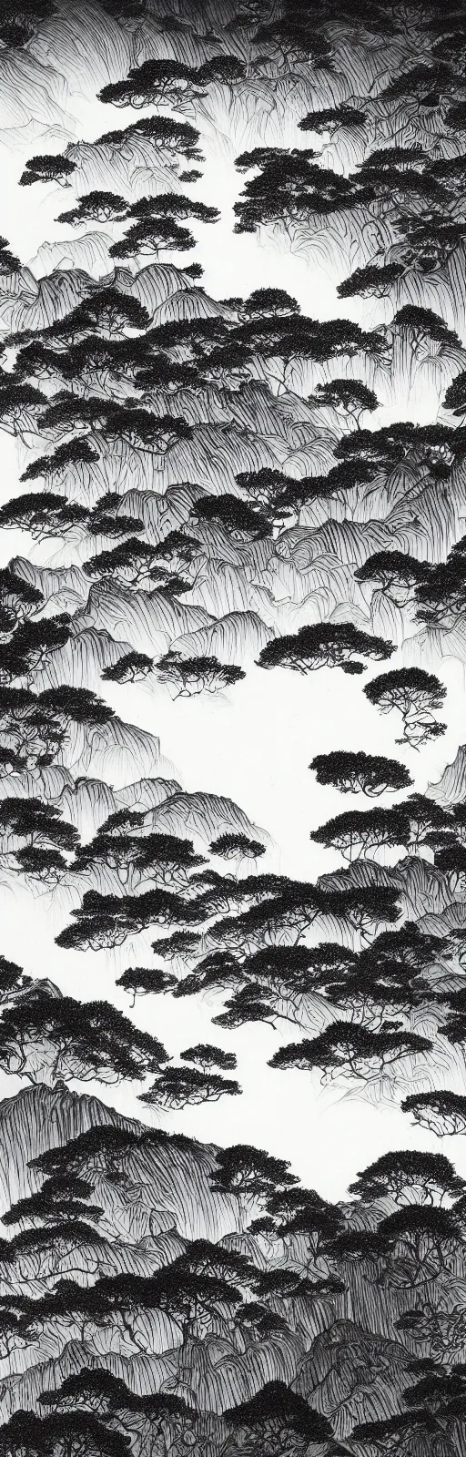 Image similar to Masterful sumi-e ink on Xuan paper by Hayao Miyazaki and Ohara Koson, interpretation of A beautiful landscape photography of Zhangjiajie mountains, an intricate tree in the foreground, sunset, dramatic lighting by Anselm Adams and Albrecht Durer, chiaroscuro, shadow and light,