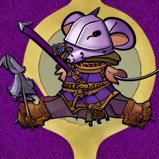 Prompt: armored mouse warrior holding a sword in one hand and reaching for a floating purple crystal with the other
