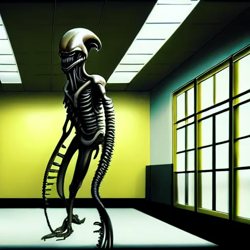 Image similar to detailed realistic xenomorph in an endless empty office building, pale yellow walls, moist brown carpet, defective fluorescent lighting, artstation, ultra detailed, creepy, photorealistic, nostalgia