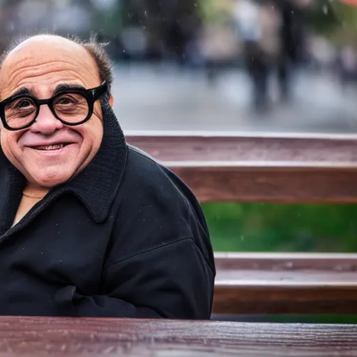 Image similar to danny devito on a bench raining, ( sony a 7 r iv, symmetric balance, polarizing filter, photolab, lightroom, 4 k, dolby vision, photography awardm, voque, perfect face )