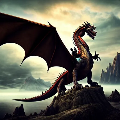 Prompt: a dragon wearing a saddle. Game of thrones. 4K. Rendered in unreal engine. Fantasy art. Digital painting. Matte painting. Beautiful sky. Volumetric light.