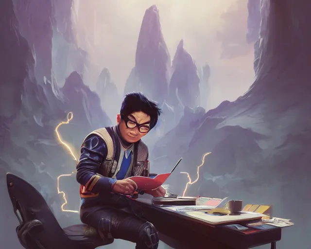 Image similar to an insanely detailed painting of a nerdy asian man wearing a superhero costume, sitting at a desk, staring at the nervously at the computer and typing, in the style of peter mohrbacher, dramatic lighting and composition, octane render, pixar, trending on artstation, concept art, comic book, view from behind