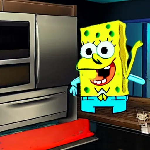 Image similar to Spongebob Squarepants super realistic sponge gigant spying you from the fridge in the kitchen. Noise. Dash cam. Unsetting. 4k