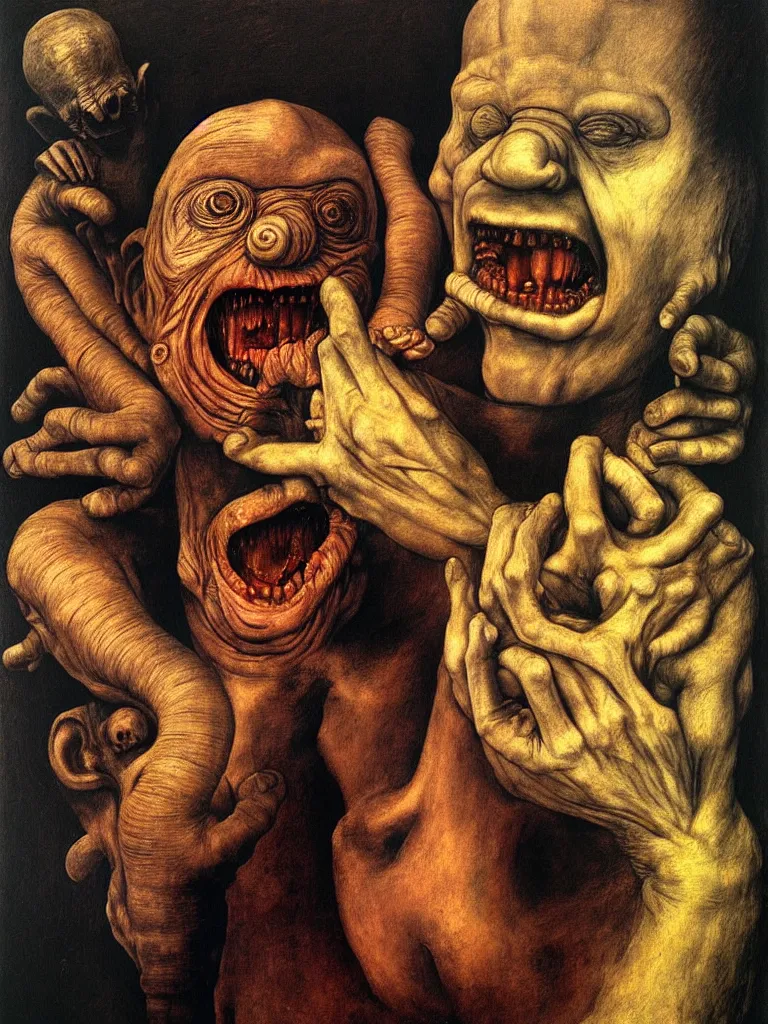 Prompt: a boy like eraserhead and elephant man with his hand, looking straight into camera, screaming in desperation, by giuseppe arcimboldo and ambrosius benson, renaissance, fruit, intricate and intense oil paint, a touch of beksinski and hr giger and edward munch, realistic, rules of composition, headspace