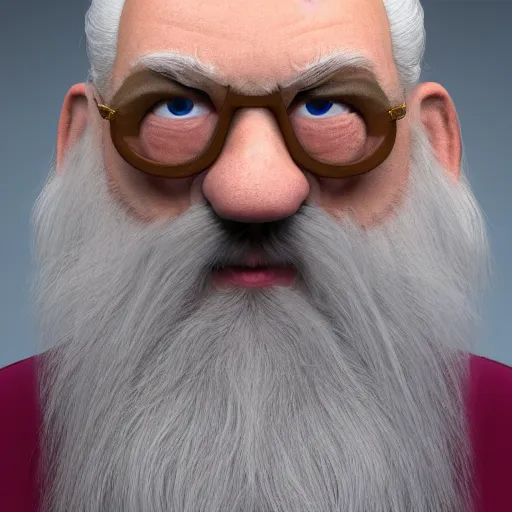 Prompt: A portrait of Alan Moore, a cute 3d cgi toon old badass guy with long light white hair, full bangs, hazel eyes, full face, strong makeup, pale skin, angry, medium shot, mid-shot, soft focus, 4k, trending on artstation, as a Pixar character