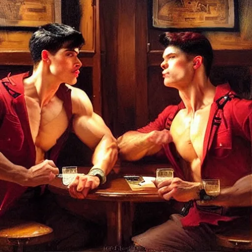 Image similar to attractive muscular male with red hair and muscular attractive male with black hair, drinking their hearts out, in a pub. very defined and highly detailed painting by j. c. leyendecker, gaston bussiere, craig mullins 8 k