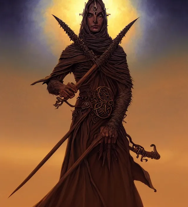 Image similar to a defiler wizard upon the dunes, the art of athas,'dark sun'- campaign setting, brom's dark sun art on a 7 0's style fantasy novel cover, digital painting by brom, amazingly detailed d & d art, concept art, intricate details, beautiful, volumetric lighting, ultrarealistic, cgsociety, artstation