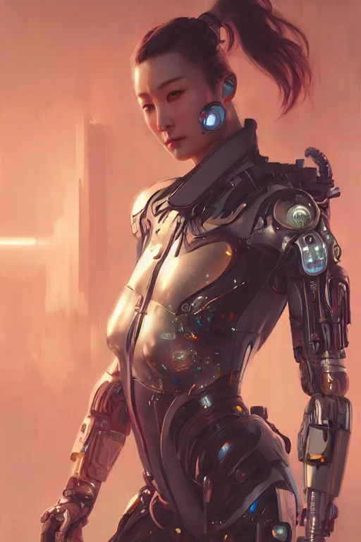 Image similar to Photorealistic illustration, Korean cyborg woman, cyberpunk 2077, sci-fi, futuristic, intricate, elegant, highly detailed, digital painting, artstation, concept art, smooth, sharp focus, art by artgerm, greg rutkowski and alphonse mucha