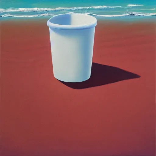 Prompt: an oil painting of a giant white styrofoam cup on the beach, the beach has red water, surrealism