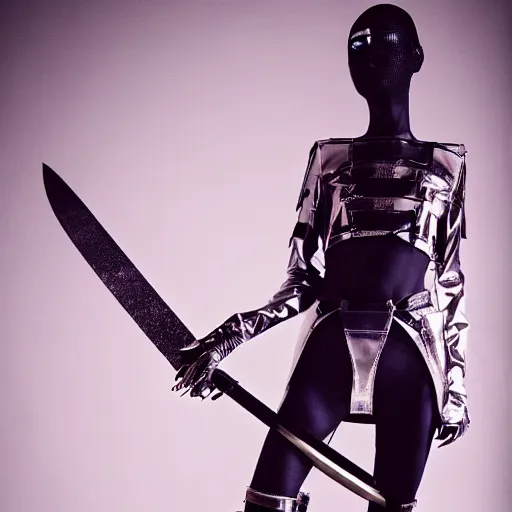 Image similar to fashion photography of an extraterrestrial model, holding a sword, wearing demobaza fashion, inside berghain, berlin fashion, harness, futuristic fashion, dark minimal outfit, photo 3 5 mm leica, hyperdetail, berghain, 8 k, very detailed, photo by nick knight
