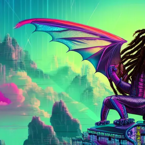 Image similar to dragon with dreadlocks, synthwave