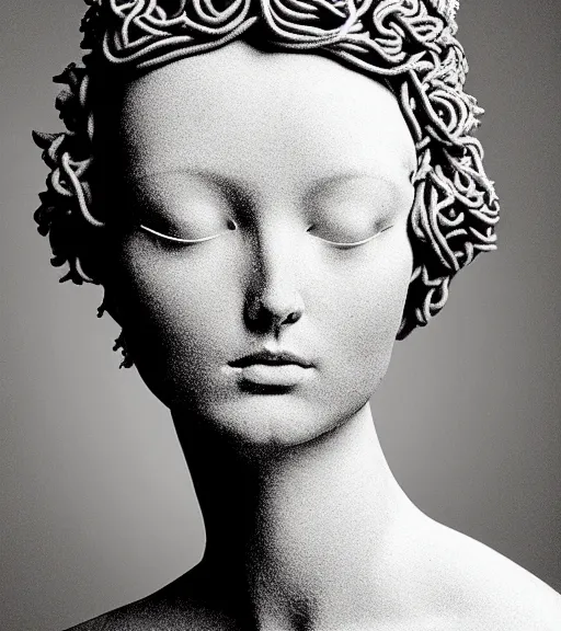 Prompt: dark background, a black and white high quality dreamy photo of a young beautiful female queen-vegetal-cyborg bust with a very long neck and delicate Mandelbrot fractal face, anatomical, facial muscles, veins, arteries, elegant, highly detailed, flesh highly baroque ornate, hair are curled wired cables, elegant, poetic, soft, dreamy, mysterious, high fashion, rim light, in the style of Ellen von Unwerth, Realistic, Refined, Digital Art, Highly Detailed, Cinematic Lighting, rim light, black and white, photo-realistic, 8K