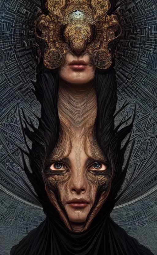 Image similar to Defaced creature wearing a black robe, it's face has been replaced by a fractal singularity of shifting patterns. fantasy, highly detailed, digital painting, artstation, concept art, smooth, sharp focus, illustration, art by artgerm and greg rutkowski and alphonse mucha