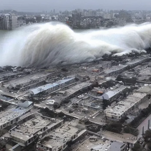 Image similar to ! stunning photo gigantic tsunami landing on city above buildings