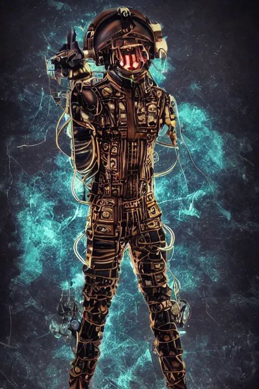 Prompt: photo of a steampunk jump suit, band merchandise, bandname is tripmachine, tourname is invasion of the tripmachines, realistic digital art, jump suit is textured with a 3 d render of a huge futuristic steampunk generator, 8 k, fluorescent colors, halluzinogenic, multicolored, exaggerated detailed, unreal engine