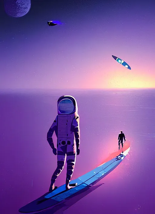 Image similar to astronaut surfer, purple and blue hour, by ismail inceoglu