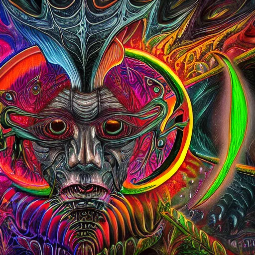 Image similar to dark fantasy, 4 k, textured 3 d, intense detail, dark psychedelic, hideous one eyed monster, amazing background, alex grey style