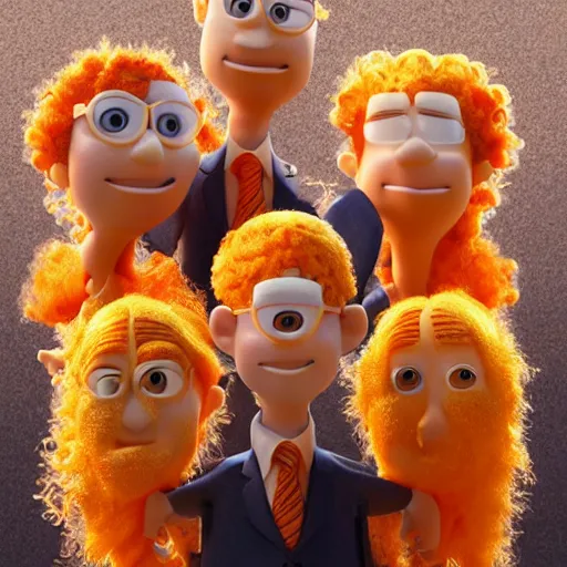 Image similar to 3 d render of curly orange hair men as a pixar 2 0 2 2 movie poster, smooth, intricate, octane, reflects, ultra detailed, sharp focus, symmetry